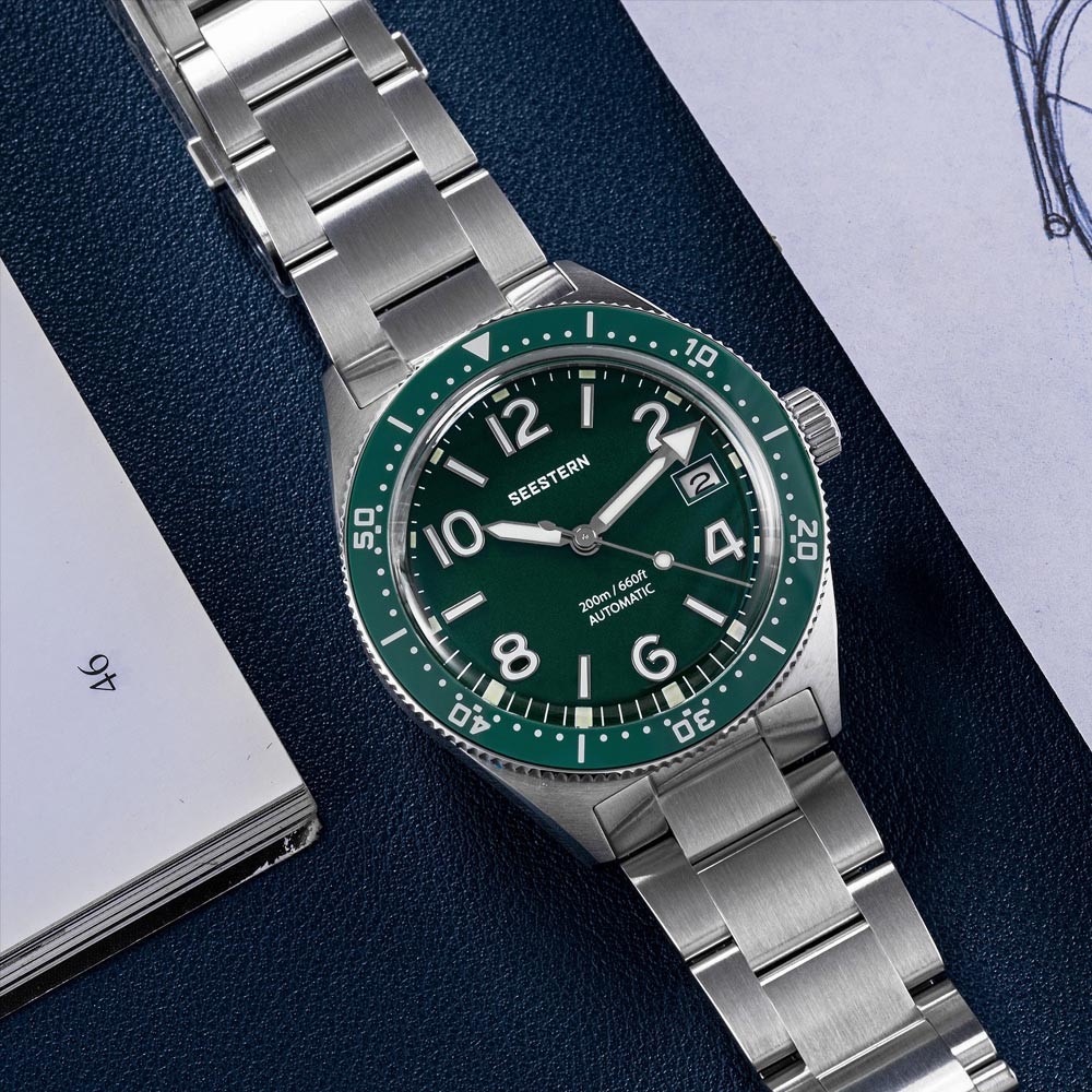 Seestern S434-2 Automatic Silver Green Date Sapphire Mesh Men’s Watch