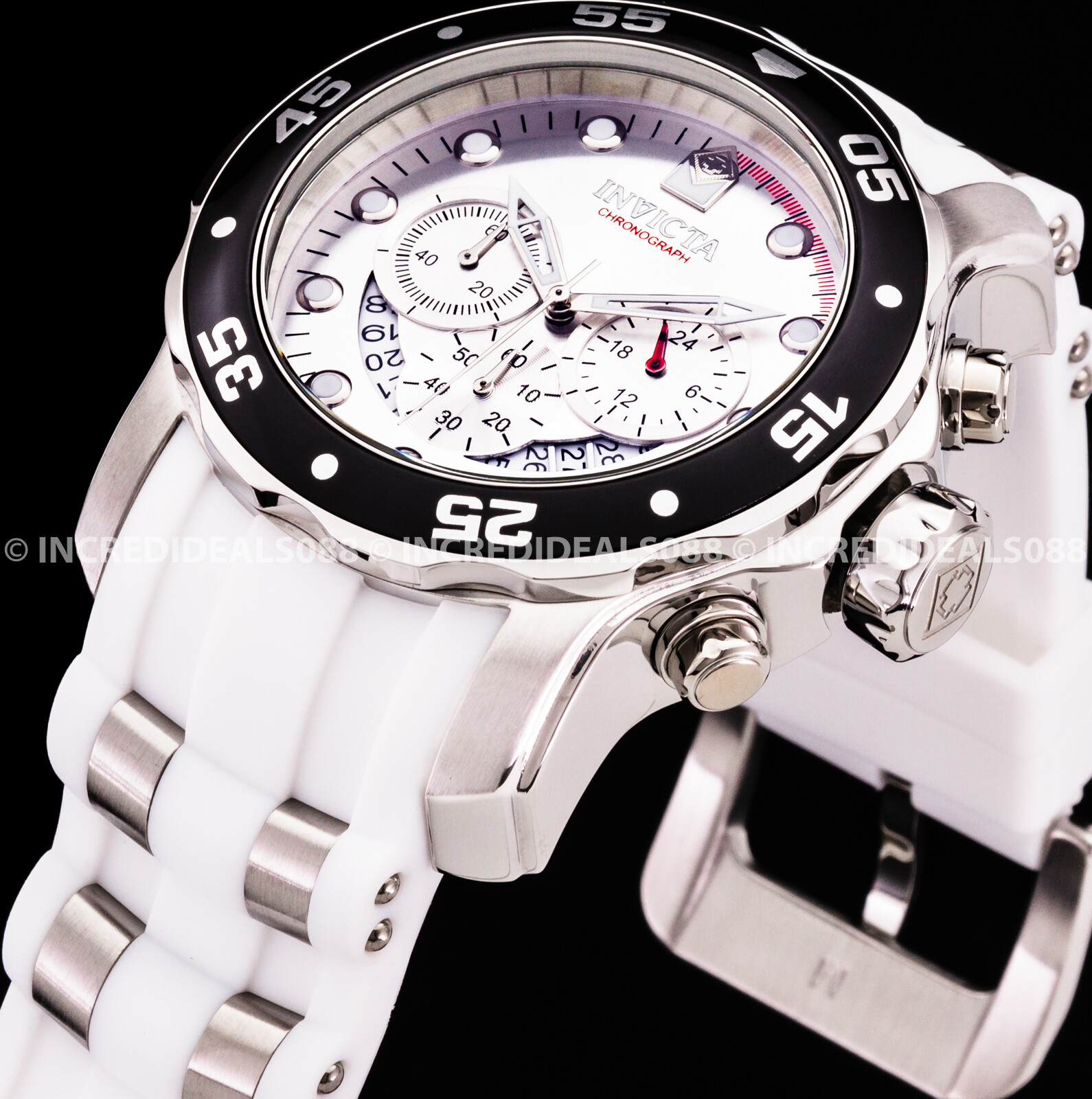 Invicta Mens PRO DIVER SCUBA Chronograph Black Silver Dial White Strap Watch