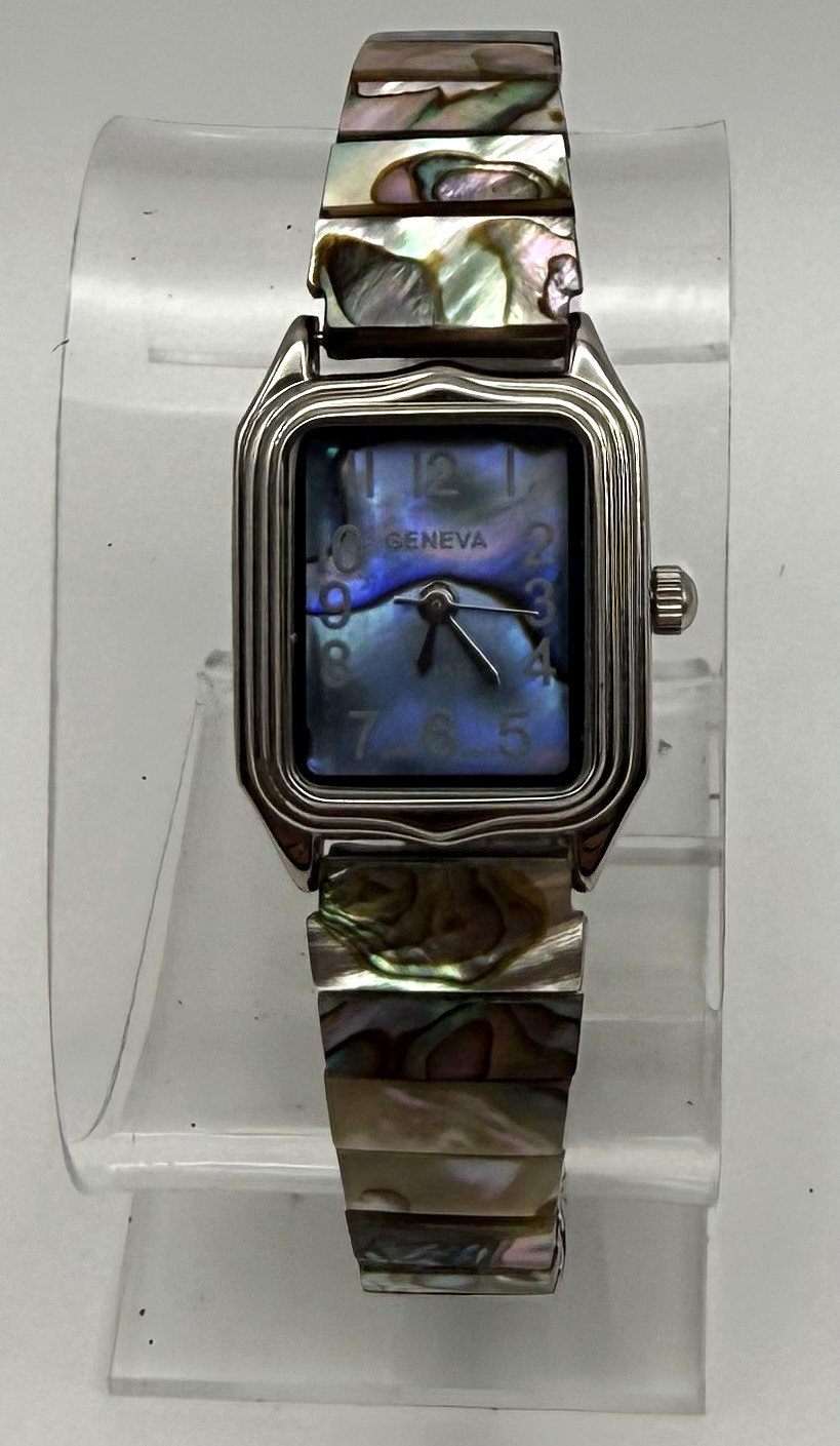 Womens Geneva Quartz Vintage Rectangle Silver SS Bracelet Blue Abalone Dial