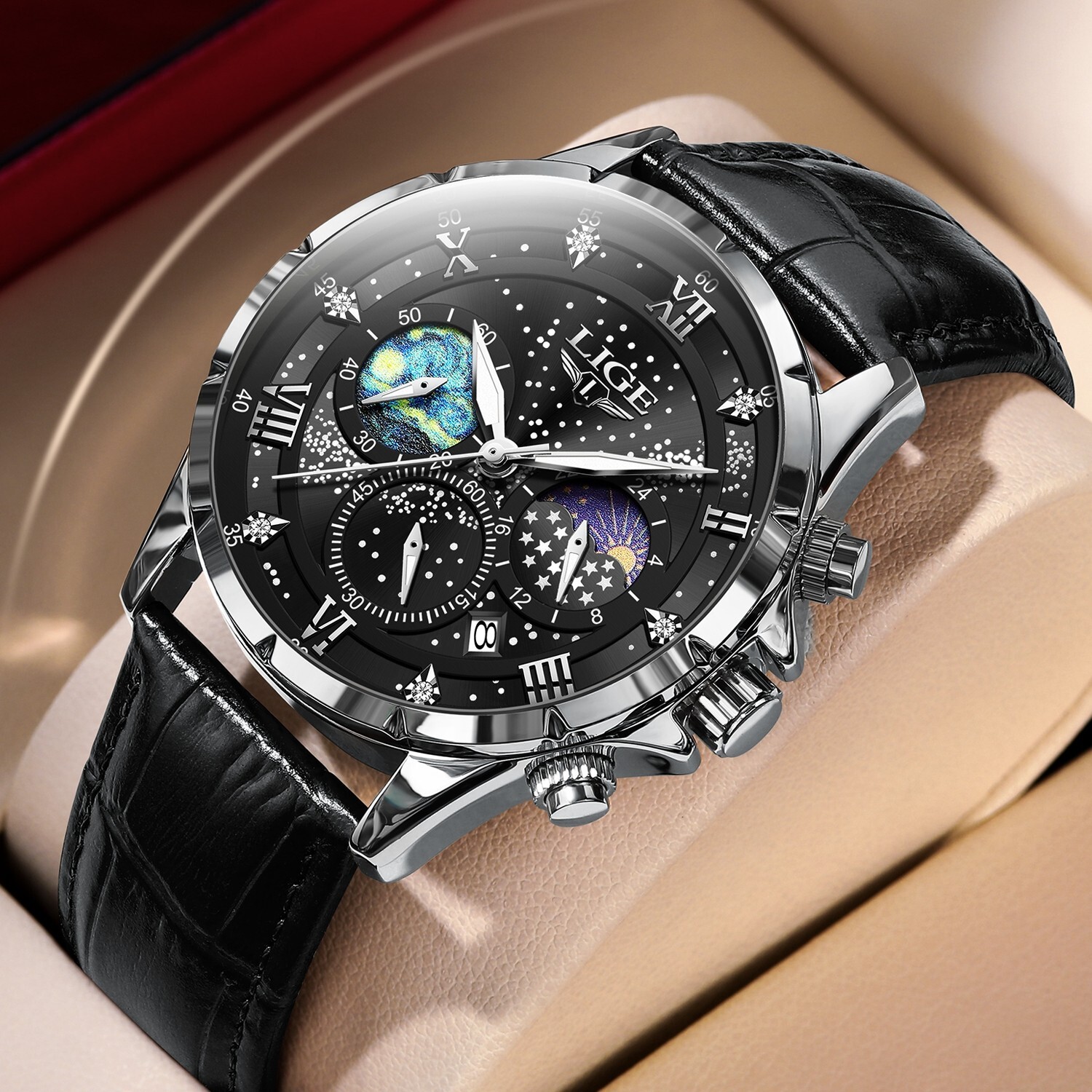 Men Watch Chronograph Sport Watches Date Moonphase Male Leather Wristwatch Gift