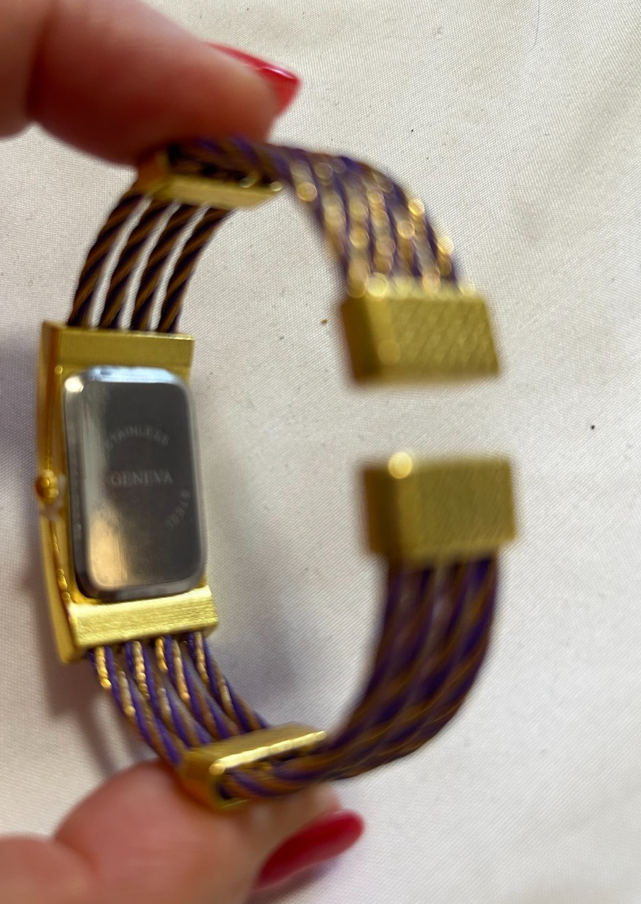 Vintage Y2K Geneva Cable Cuff Bangle Watch Rhinestone Bezel Gold Silver Tone