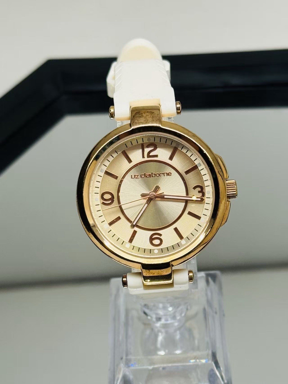 Liz Claiborne Women’s Quartz Watch White Strap Rose Gold Tone New Battery Runs