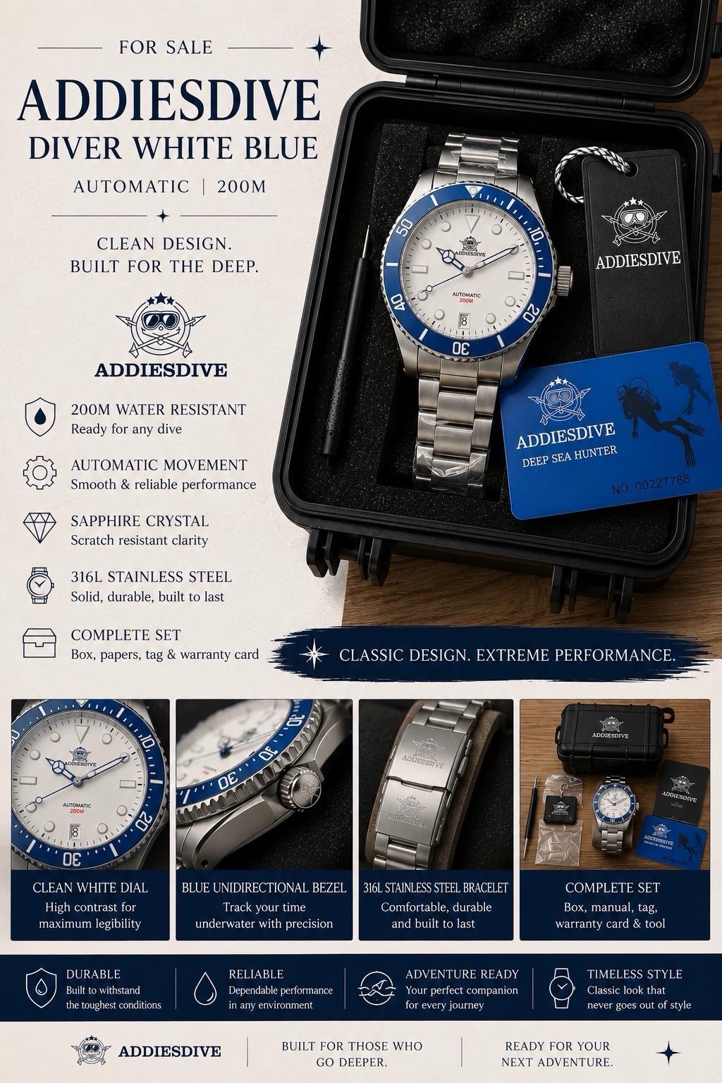 Addiesdive Deep Sea Hunter Diver Automatic 200m Sapphire White/Blue 40-43.9mm