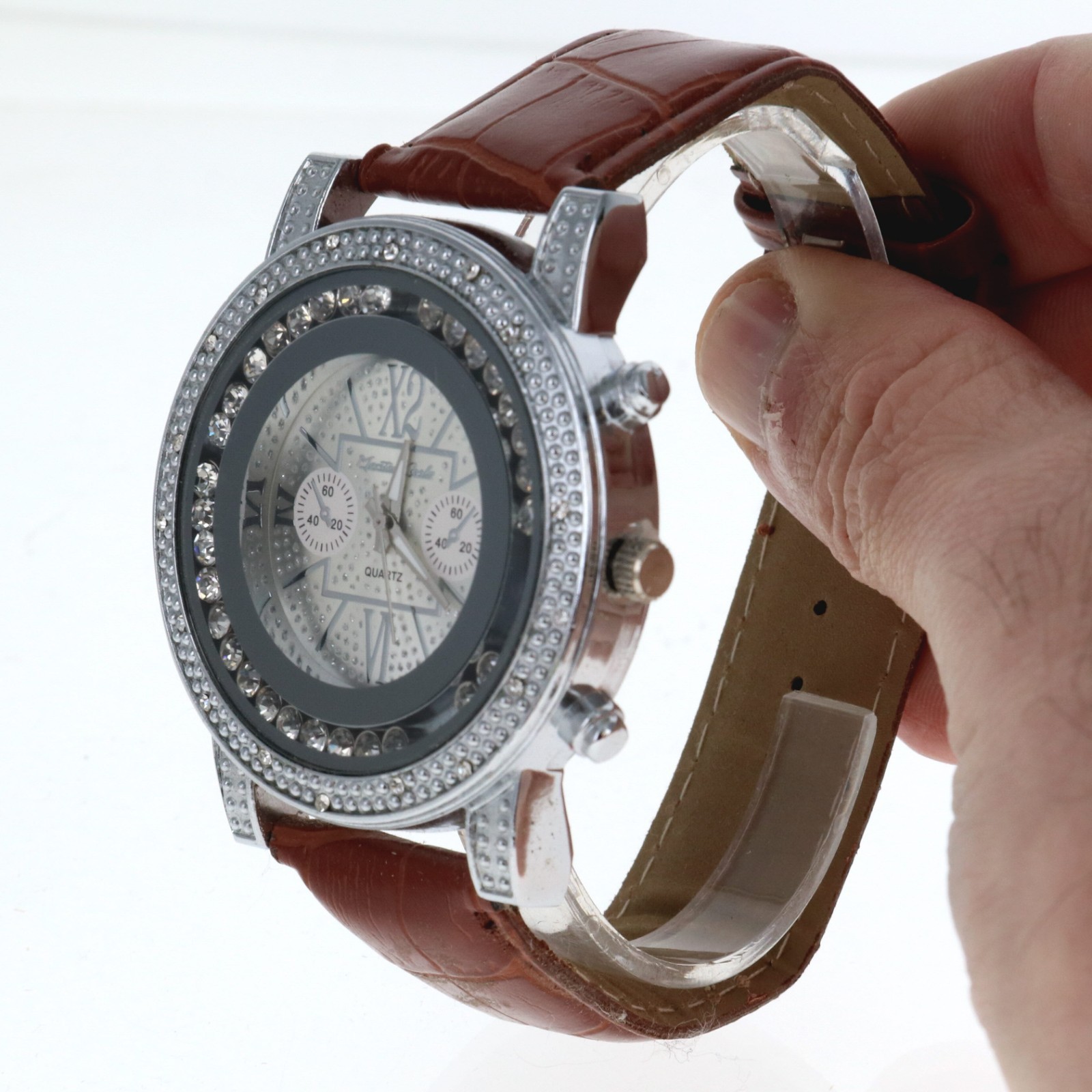 Hip Hop Men’s Floating Clear Stone, Silver Tone Brown Leather Band Watch