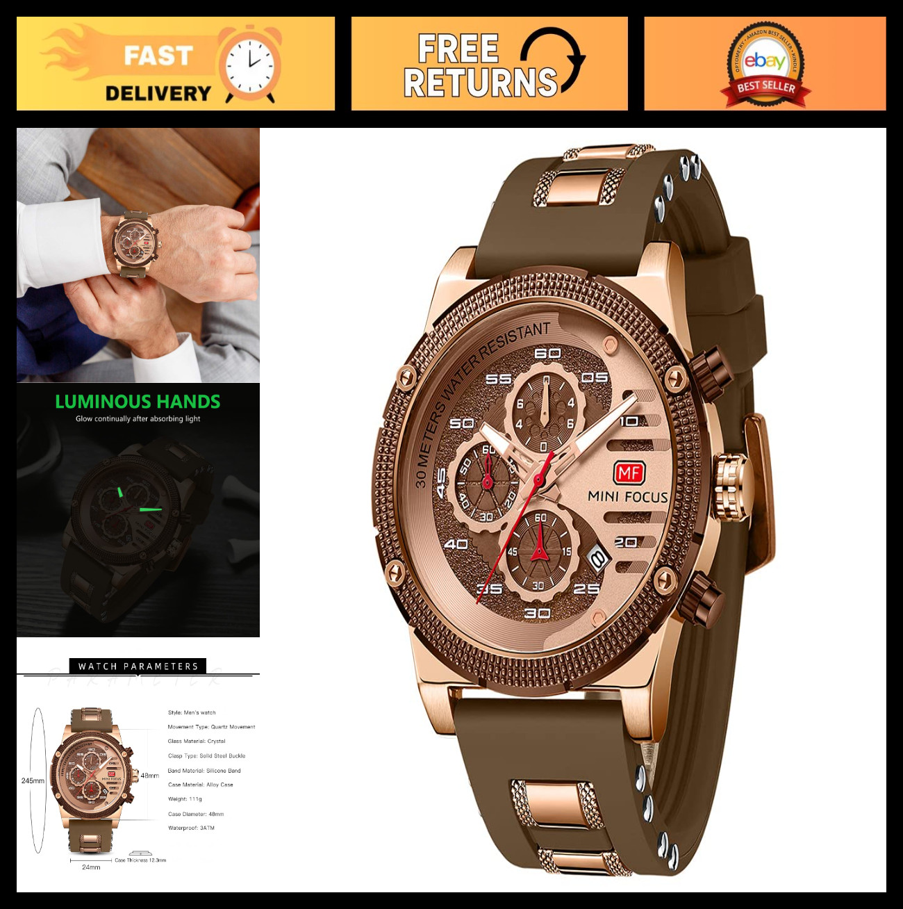 Stylish Men’s Chronograph Watch – Waterproof Sport Military Analog Quartz Wristw
