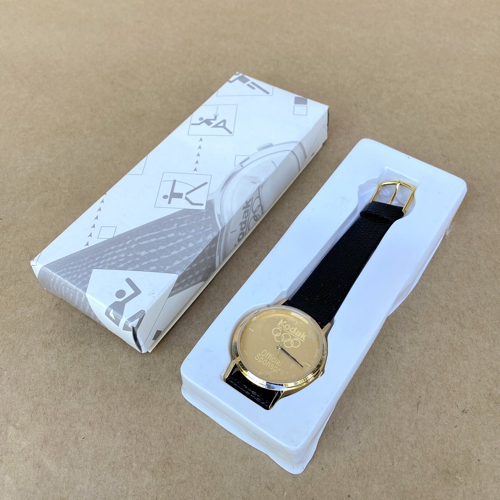 Kodak Olympics Official Sponsor Gold Tone Watch W/ Original Box, VINTAGE, NICE