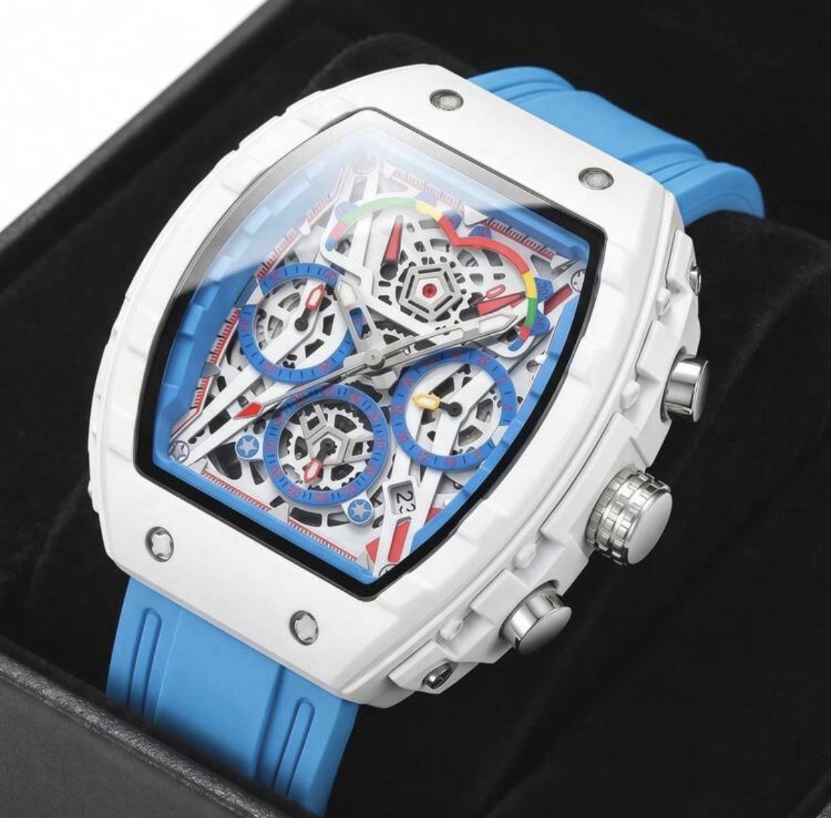 Men’s 45MM Quartz Sport Watch White Case Blue Dial Silicone Strap Waterproof