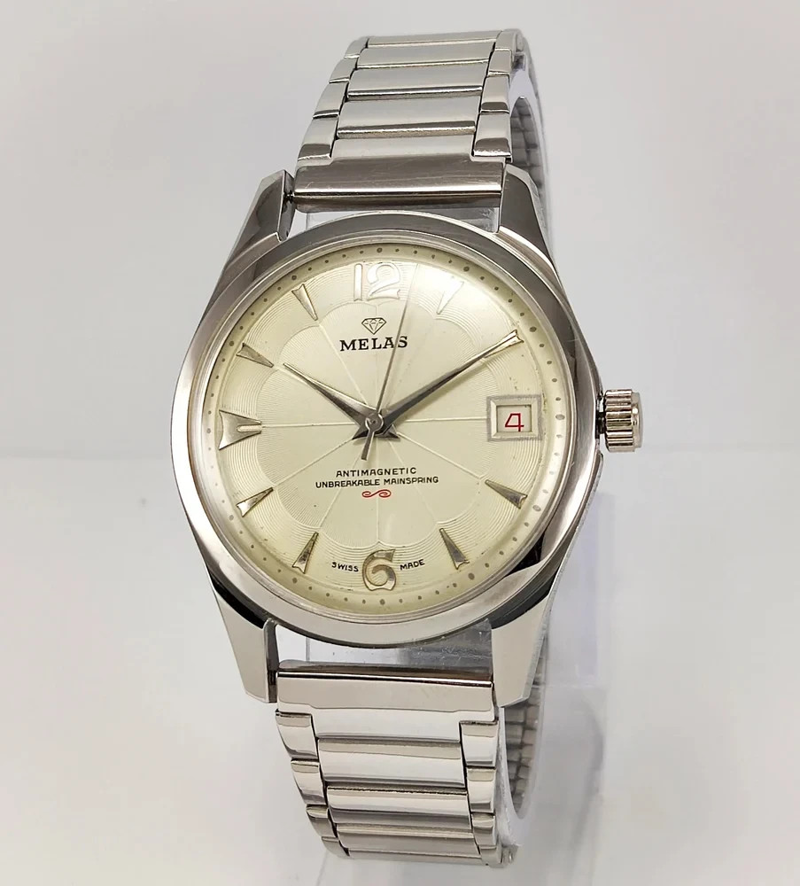 Working Melas Pearl Dial Date Function Handwinding Transparent Back Wrist Watch