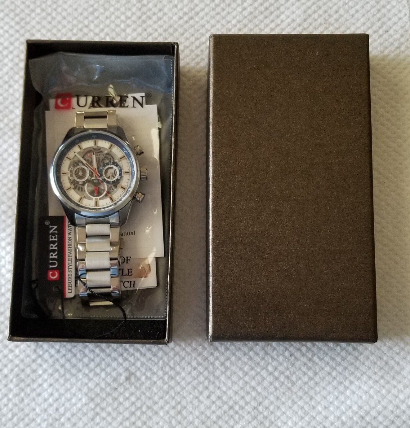 NWT Curren Silver Tone Chronograph Date Watch Link Band 8″ Max Size New Battery