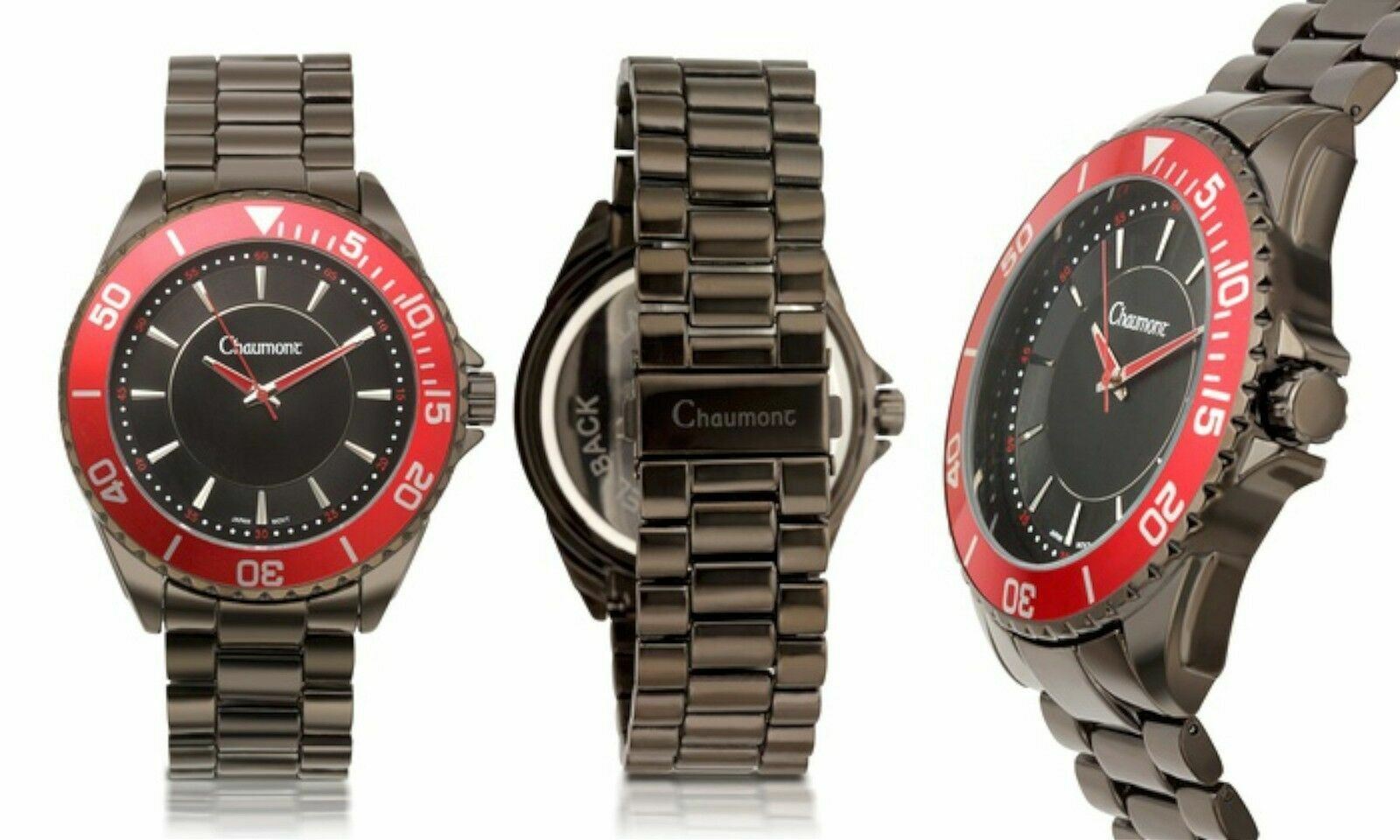 NEW Chaumont 1464 Mens Listal Red Bezel Dark Grey IP Metal Bracelet Quartz Watch