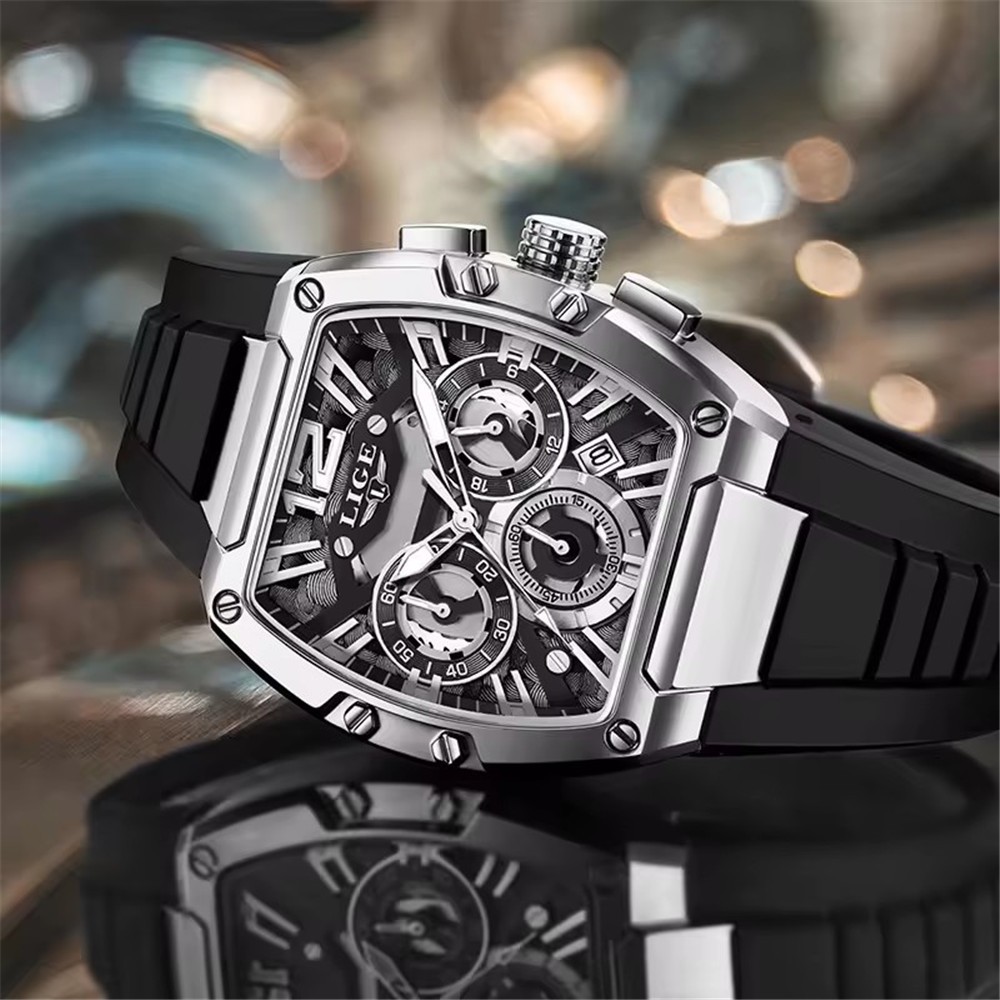 LIGE Men Rectangle Watch Big Dial Chronograph Wristwatch Boy Outdoor Sport Watch