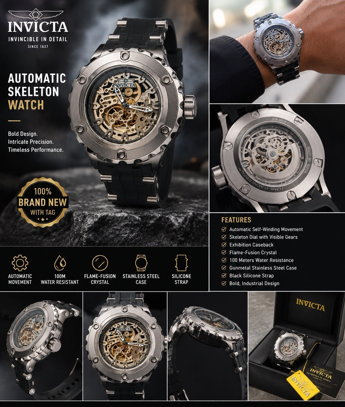 Invicta Men’s Automatic Skeleton Dial Watch 50mm 100m Silver Steel Black Strap