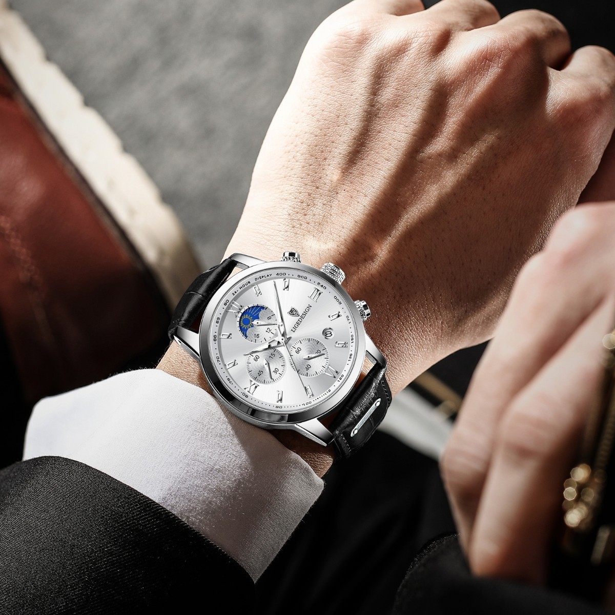 LIGE Men Quartz Watch Date Luminous Leather Strap Waterproof Business Wristwatch