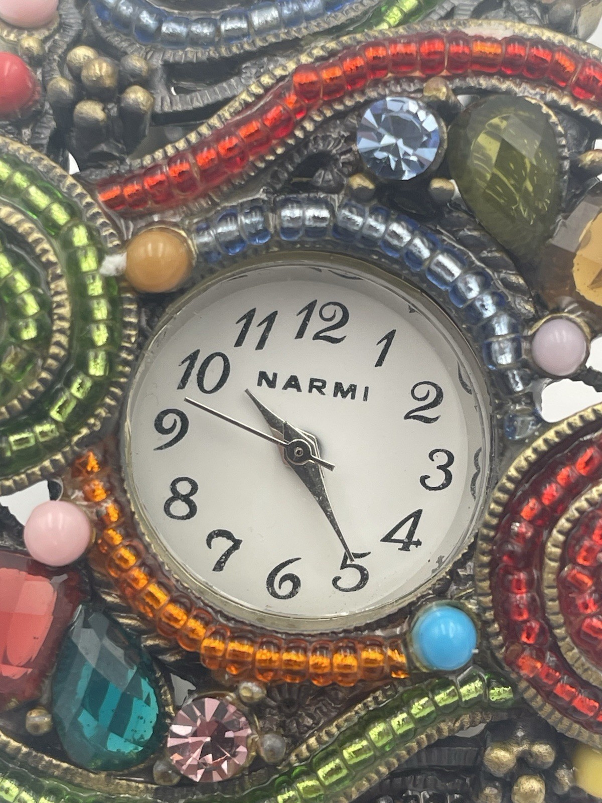 Narmi Quartz Beaded Hinge Bracelet Watch Brass Tone Multicolor Jewel New Battery
