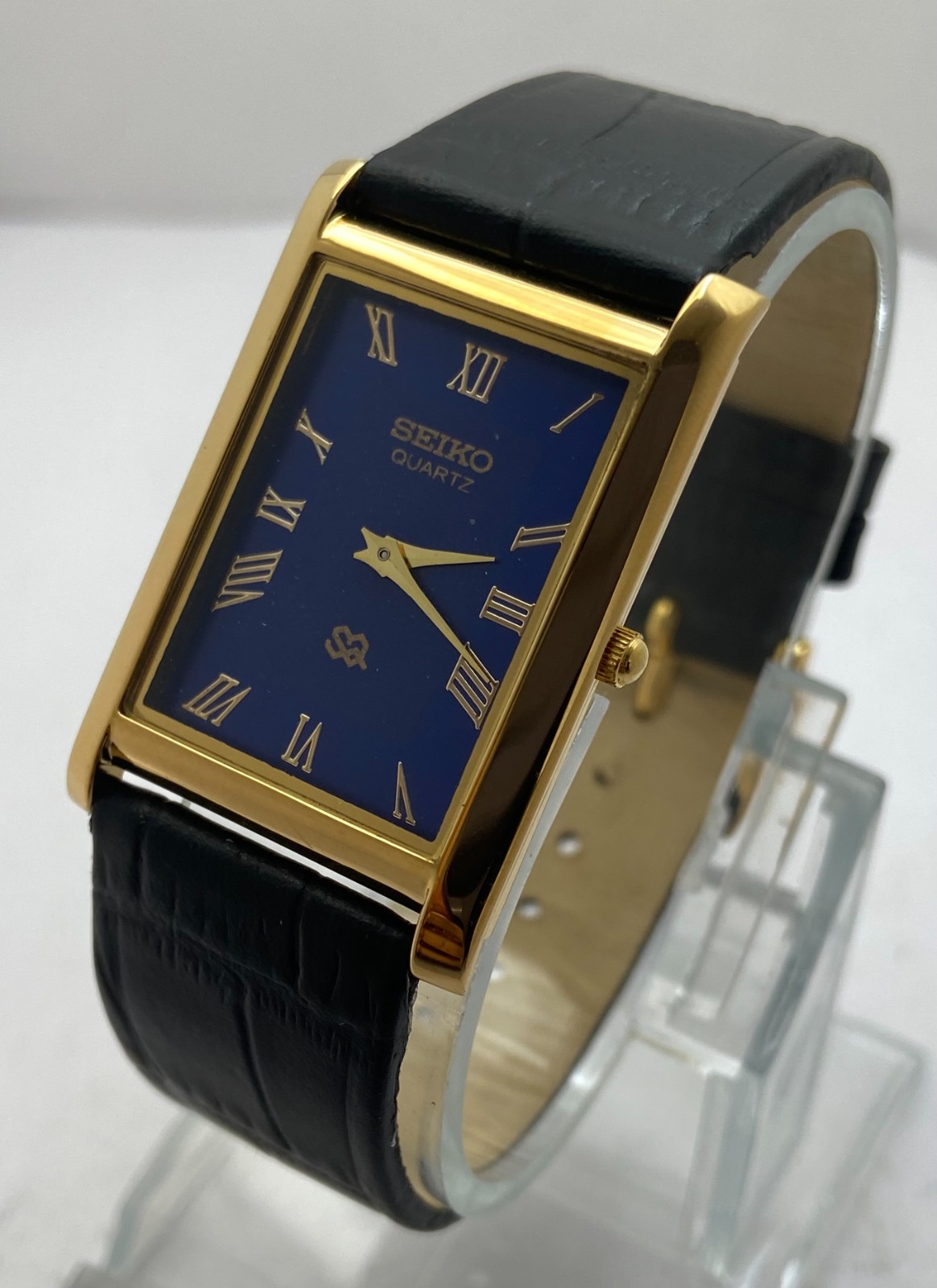 Vintage Style Seiko Slim Blue Roman Dial Men’s Wristwatch Leather Strap 26 mm