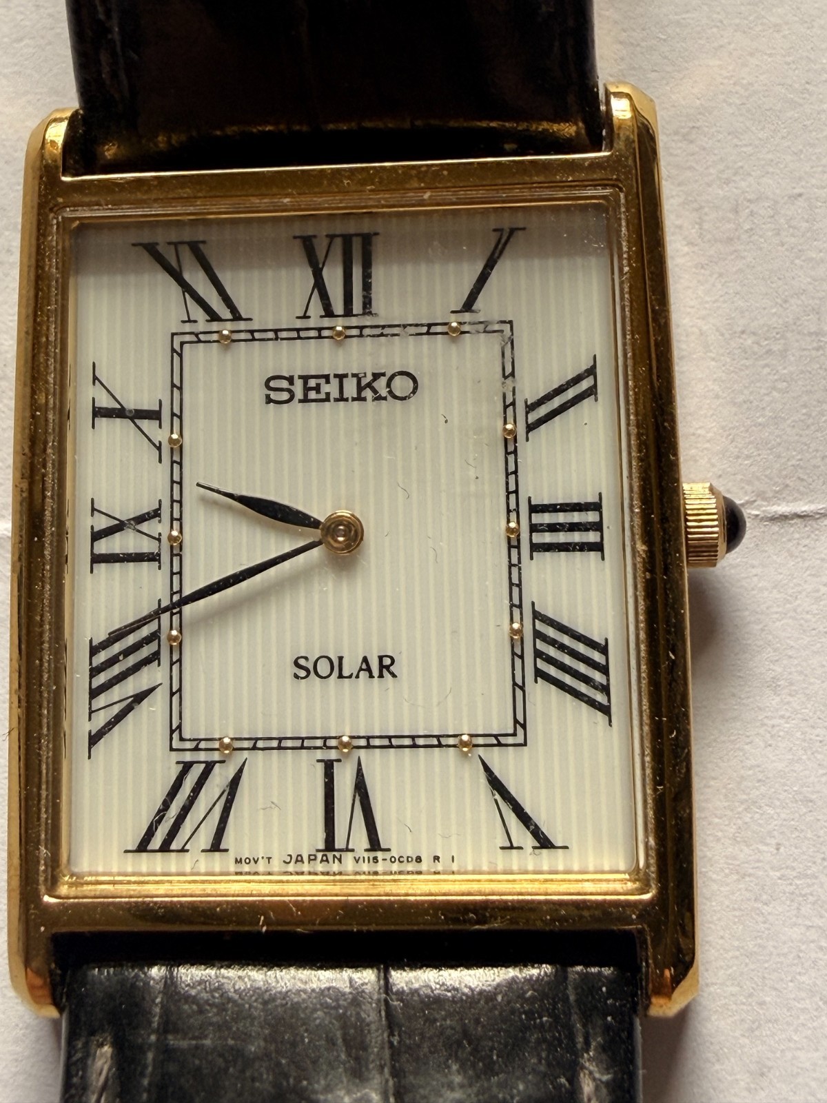 Seiko Solar V115-0BC0 Roman Square White Dial Gold Bezel 28mm – NO RESERVE