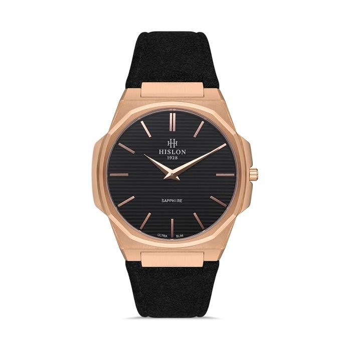 New HISLON CLASSIC CL127R-04BR Leather Strap Black-Rose Gold watch