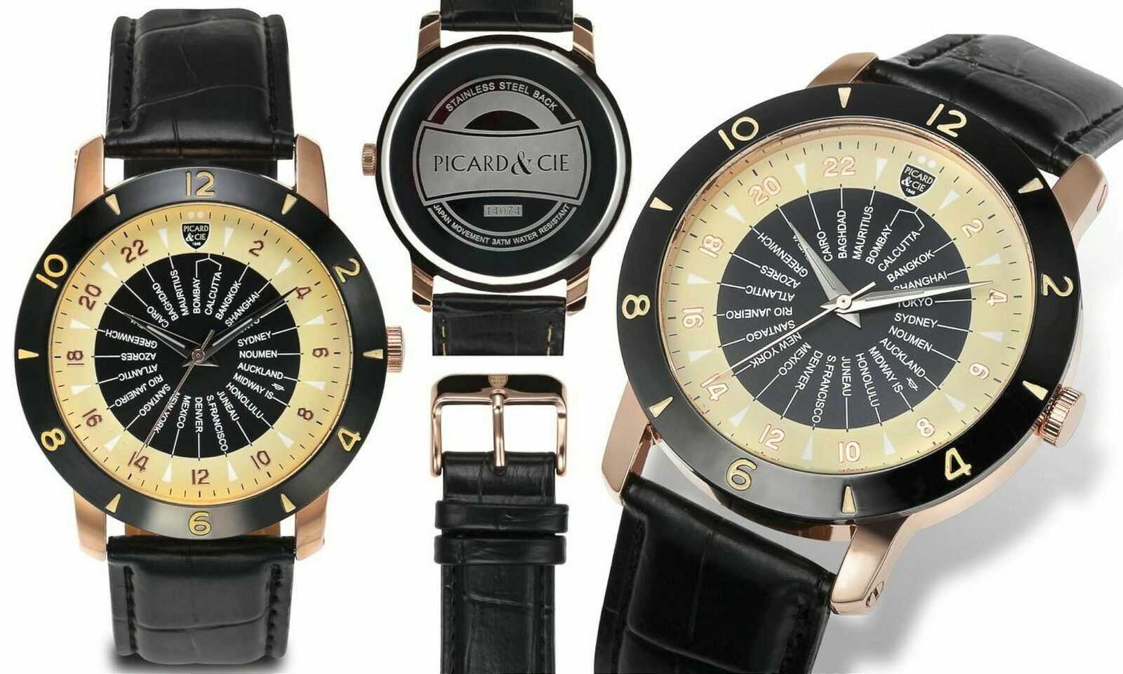 NEW Picard & Cie 14074 Men’s Jet Setter Black & Beige Dial Rose Gold Case Watch