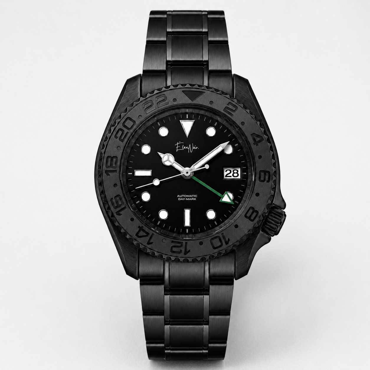 Élan Noir Automatic Day Date GMT Watch 41mm Black-Out NH35 Stainless Steel Green
