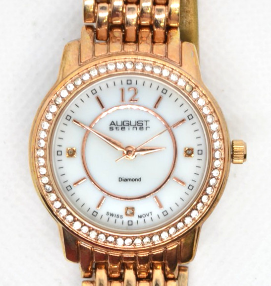 August Steiner AS8045 Women’s Watch Gold Tone Bracelet Diamond Markers MOP Dial