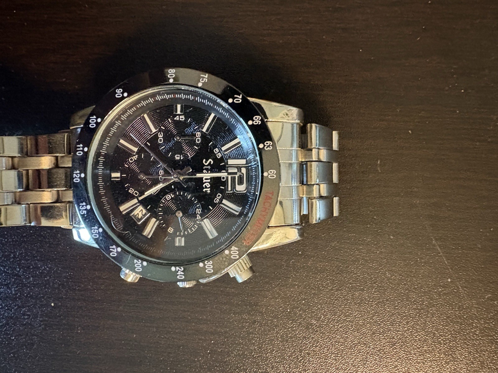 Stauer Jet Setter stainless steel chronograph watch featuring a black dial.