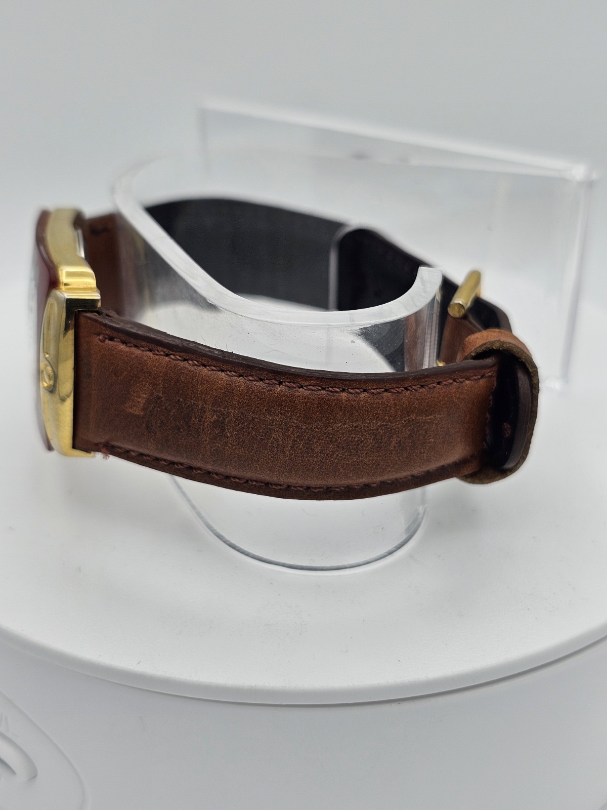 Disney Mickey Mouse Quartz Rectangle Red/Gold Tone Case Brown Leather Strap 25mm