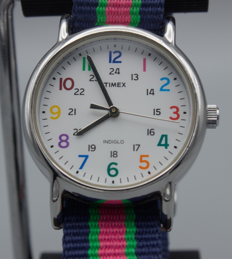 Timex Weekender Watch Colorful Rainbow Numerals Indiglo Navy Pink Green NATO