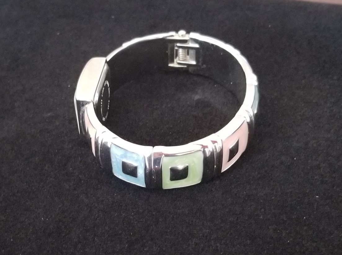 Alex, L. Silver Tone Cuff/Bangle Watch Multicolor Enamel Band 6.25″ New Battery