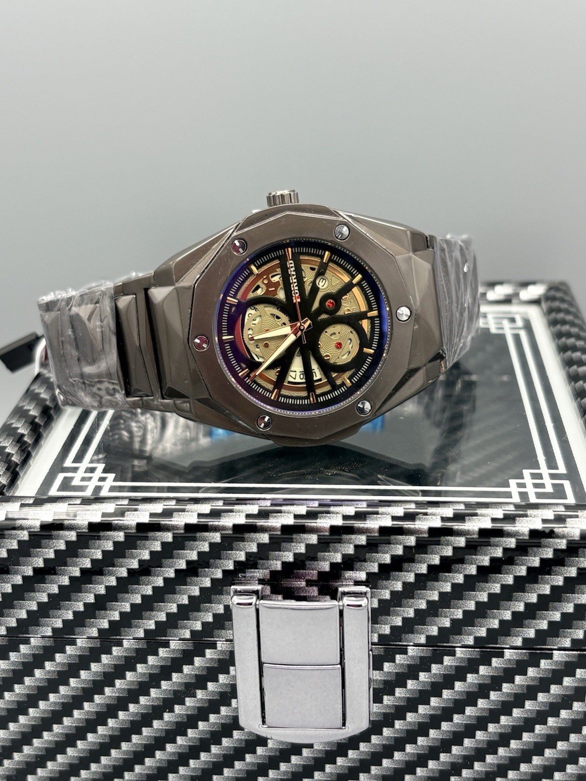 FORRAD Men’s Skeleton Dial Quartz Watch Black Stainless Steel w/ LED Display Box