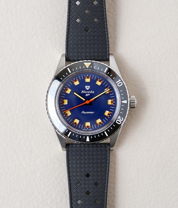 New Nivada Grenchen Aquamar Blue Dial 32077A01 Black Tropic Strap Steel 38mm