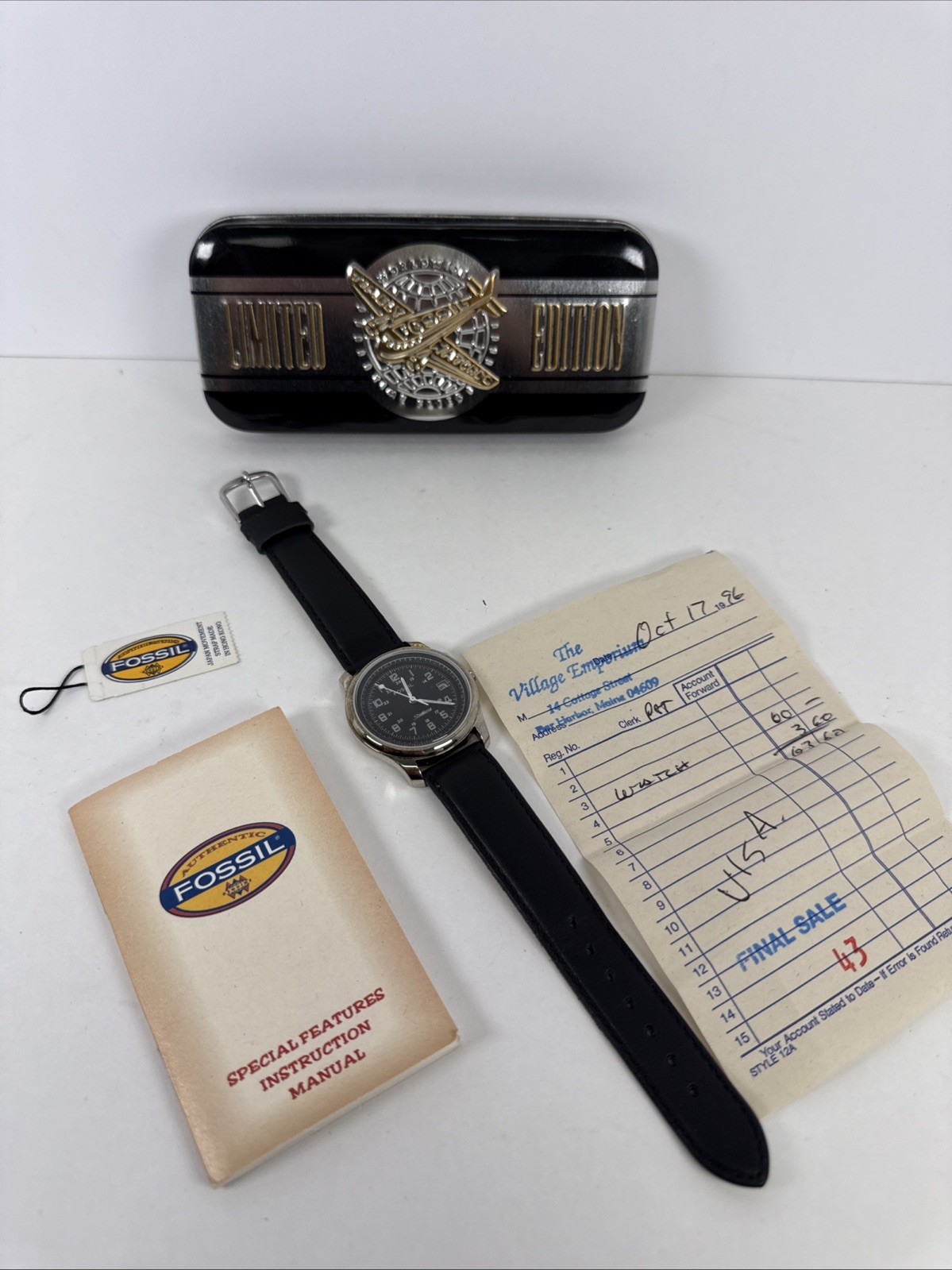 Vintage Fossil StarMaster LU-2543 Watch Set Tin Box Papers 1996 Receipt AS-IS