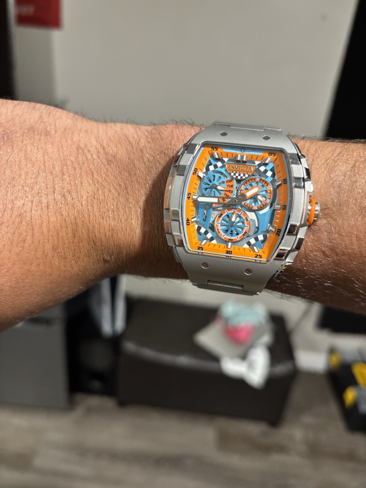 Invicta Men’s Square Chronograph Quartz SS Bracelet Watch Blue/Orange Dial Box