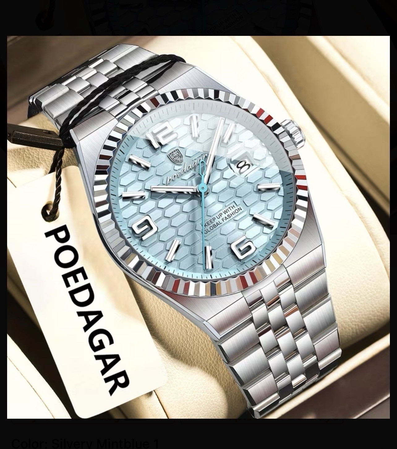 POEDAGAR Men’s Analog Quartz Watch 41mm SS Bracelet 3ATM Luminous Honeycomb