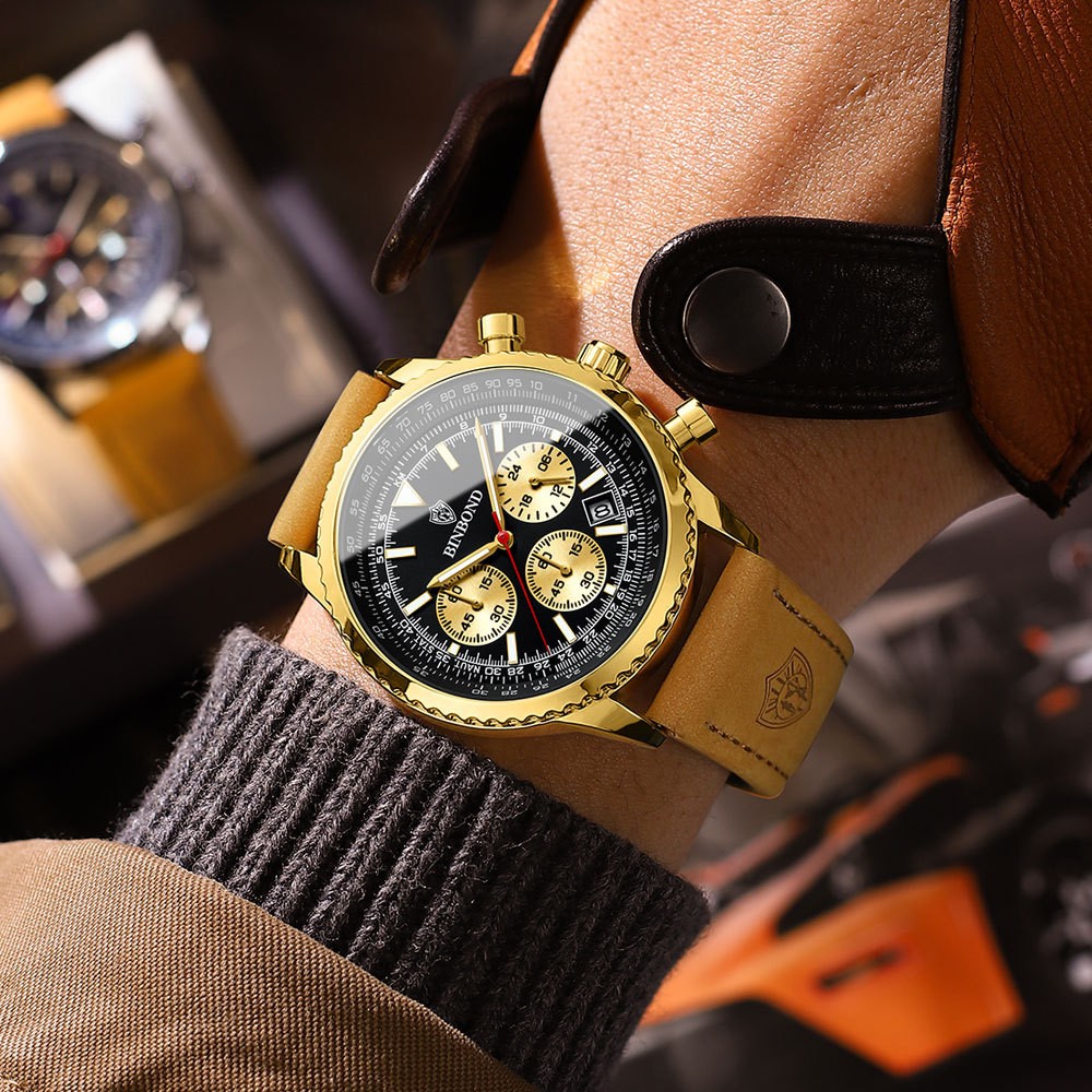 BINBOND Men’s Quartz Chronograph Watch Luminous Date Waterproof Leather