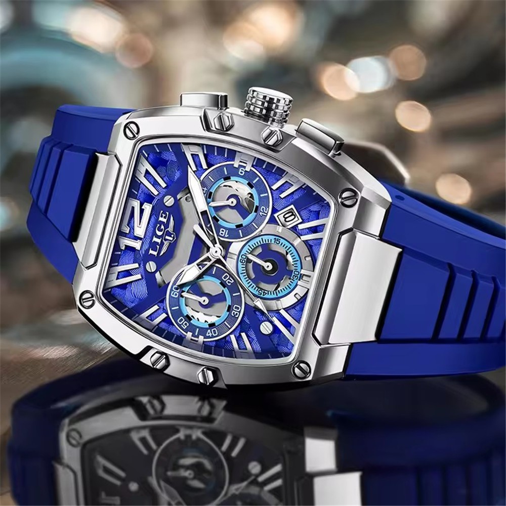 LIGE Men Rectangle Watch Big Dial Chronograph Wristwatch Boy Outdoor Sport Watch
