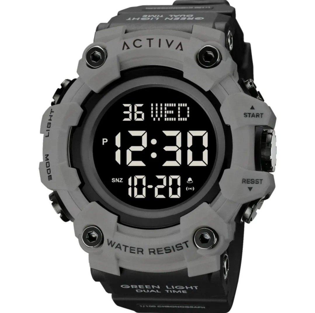 164 Activa Green Light Dual Time Digital Sport Black Plastic Strap Gray Round