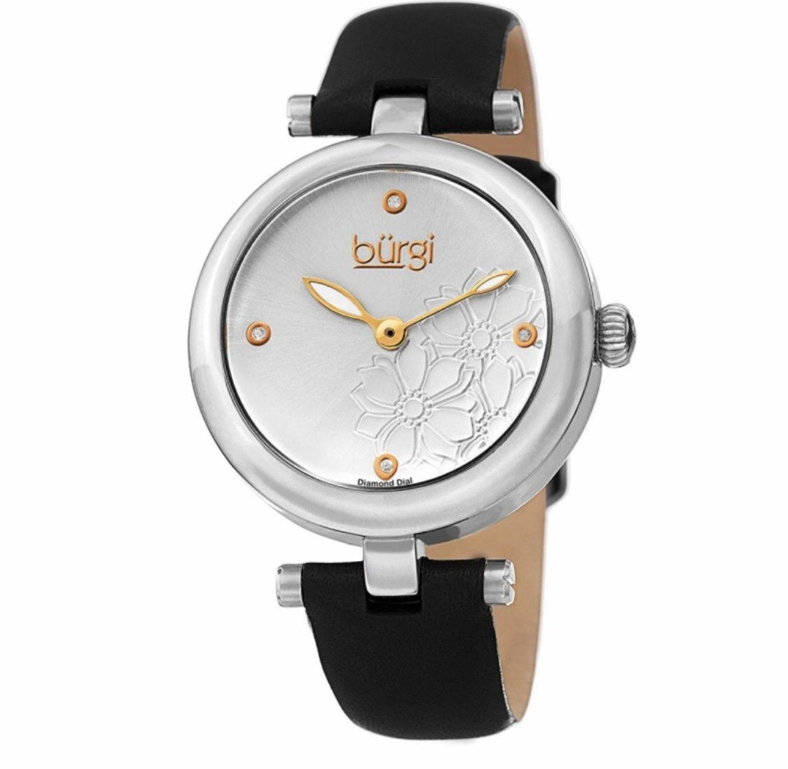 Burgi Women’s BUR197SSB Diamond Accented Flower Dial Silver & Black Leather