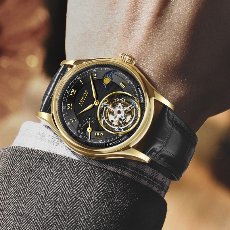 Aesop Flying Tourbillon Mechanical Sapphire Man Watch Lunar Phase Dial 7027