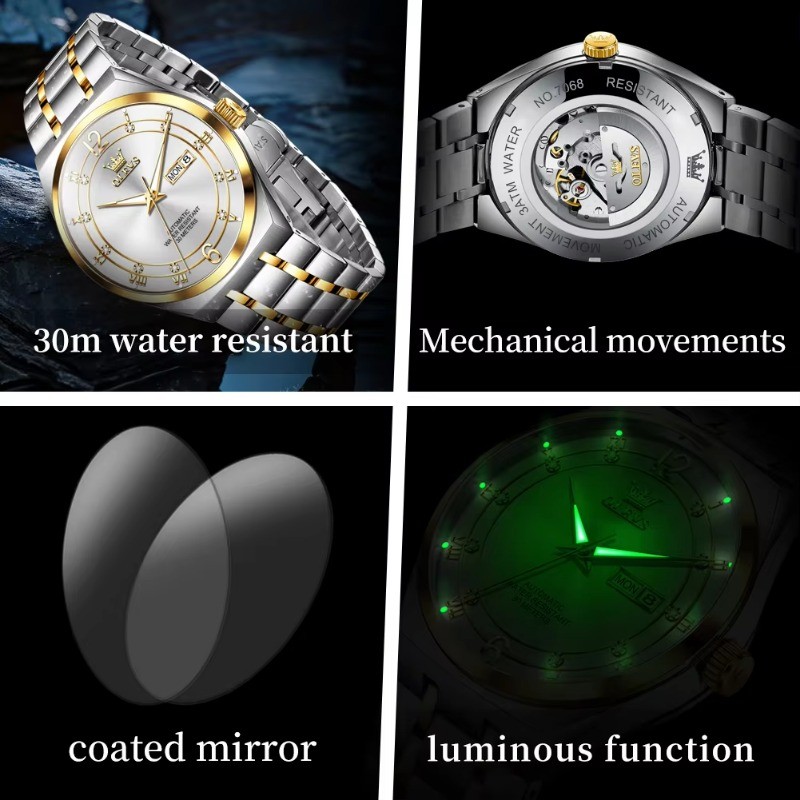 OLEVS Men Automatic Mechanical Watch Stainless Steel Luminous Date Display Watch