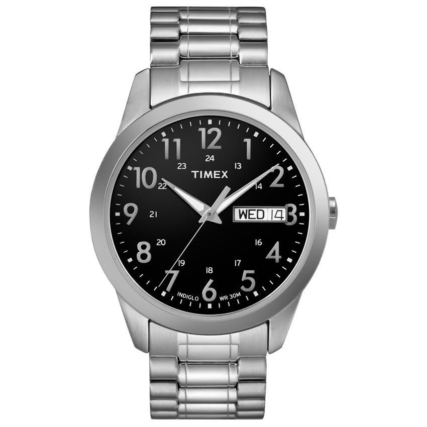 Timex T2M932, Men’s Silvertone Expansion Band Watch, Indiglo, Day/Date, NEW