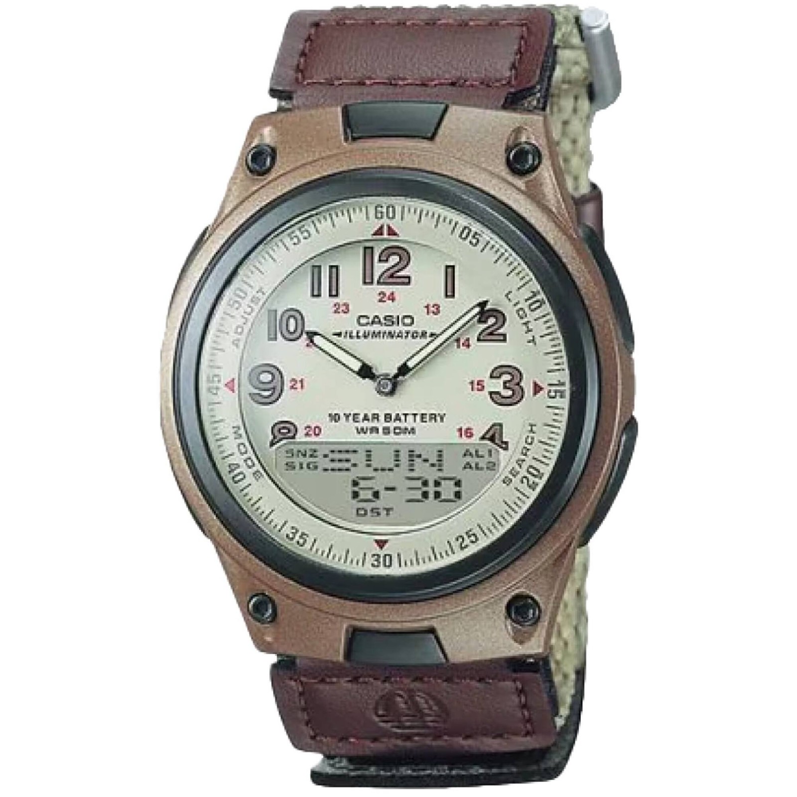 Casio Men’s Watch Silver and Grey Analog-Digital Dial Brown Strap AW-80V-5BV
