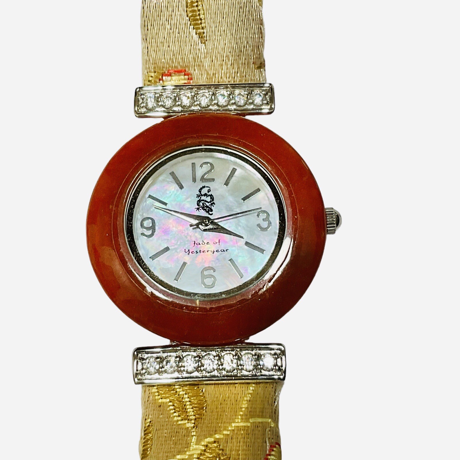 Jade Of Yesteryear Watch MOP Dial Crystals Leather Brocade Fabric Band Untested