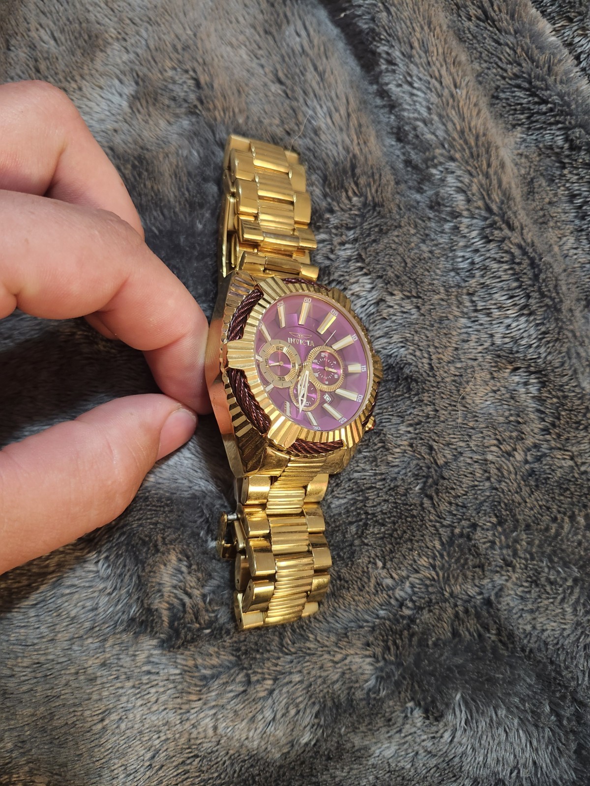 Invicta Bolt Chronograph Date Quartz 48mm Gold Bracelet Purple Dial 100m