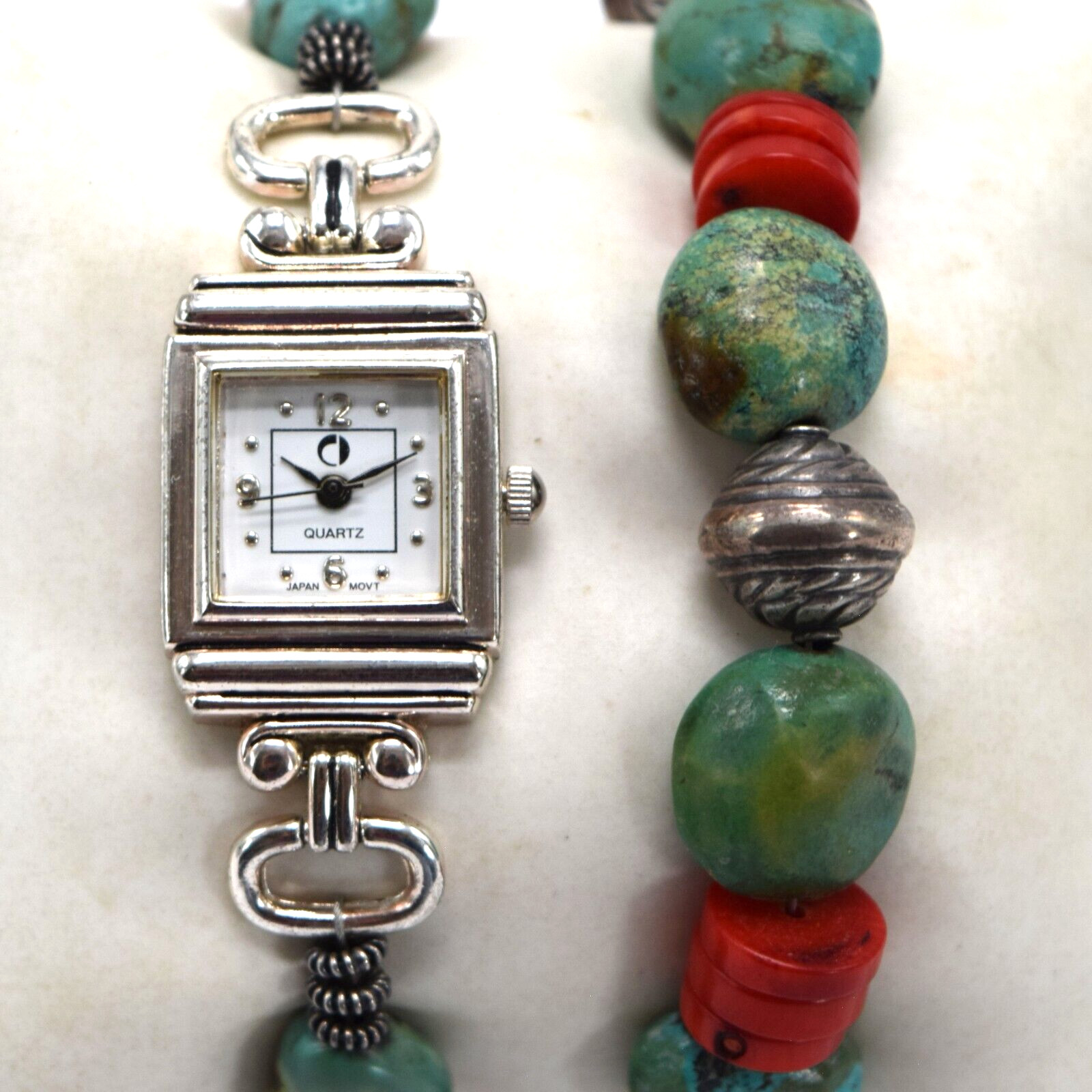 Southwestern Design Faux Turquoise, Coral & Silver Beads Watch and Bracelet Set