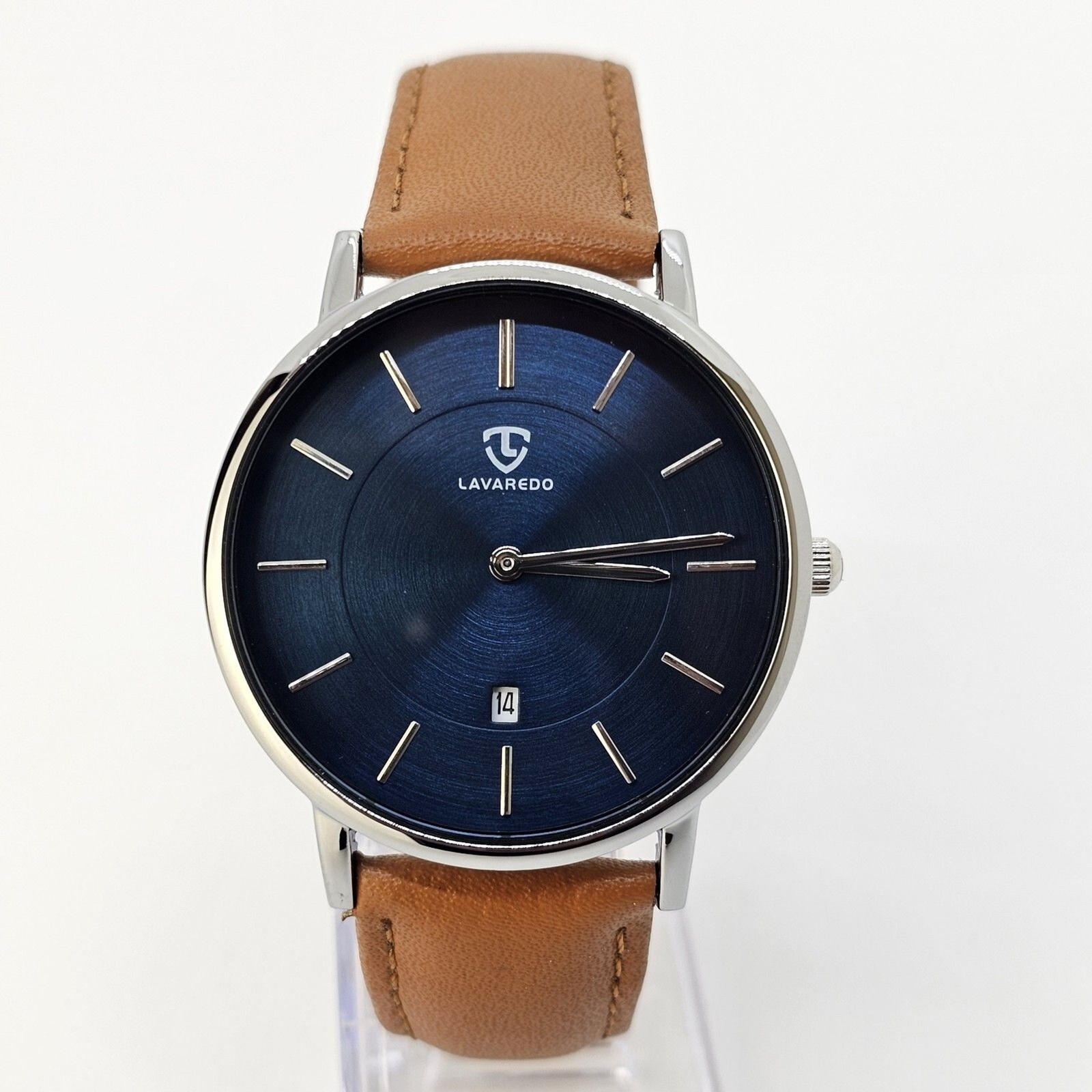 Men’s Watch Minimalist 40MM Gray Case Blue Dial Date Light Brown Leather Straps