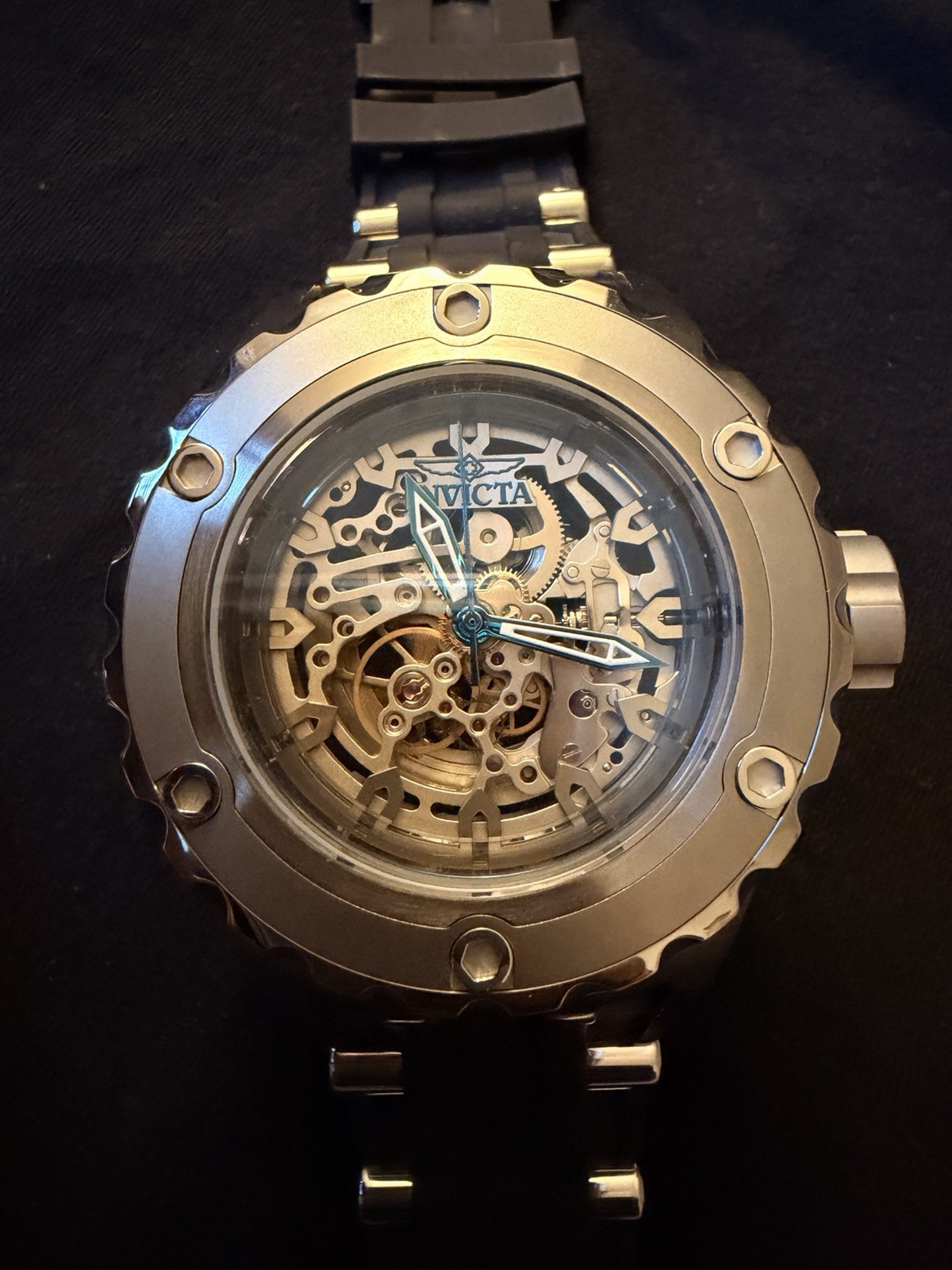 Invicta Men’s Automatic Skeleton Dial Watch 50mm 100m Silver Steel Black Strap