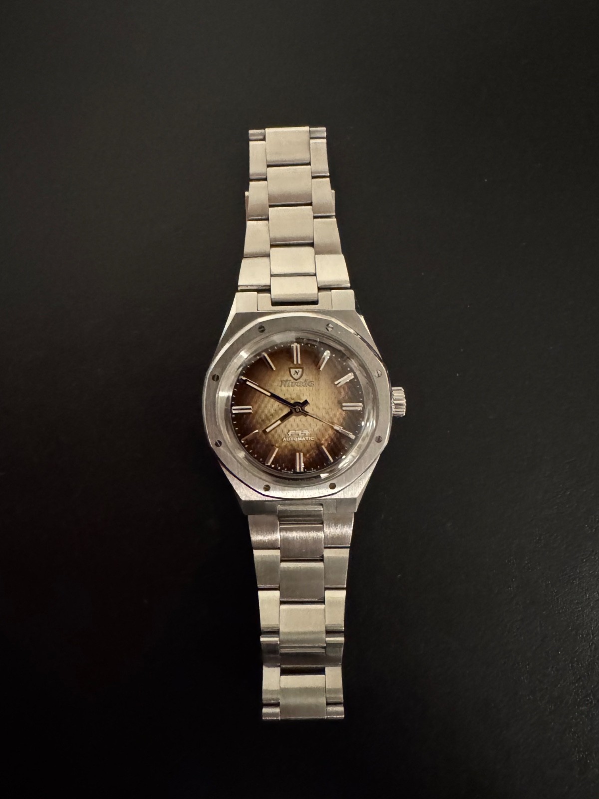 Nivada Grenchen F77 – Brown Smoked Dial – Integrated Bracelet – No Date 68002a77