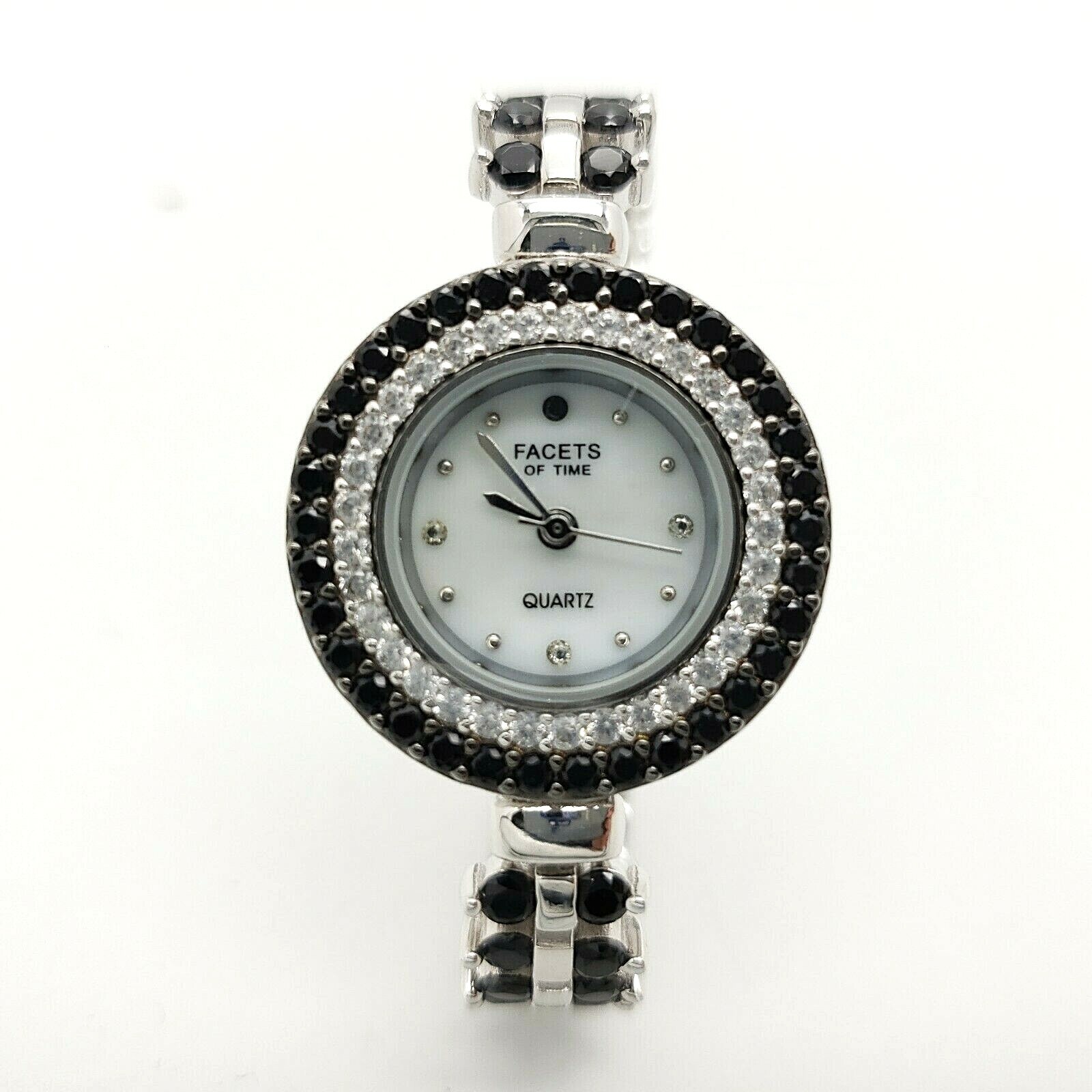 Facets of Time Women Sterling Silver Black Spinel White Topaz Quartz Wrist Watch