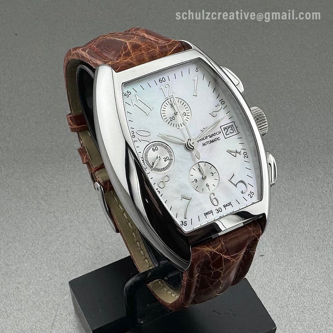 NEW! Scarce Philip Watch Panama Swiss Auto Chrono: Box/Papers; MOP DIAL; Croc