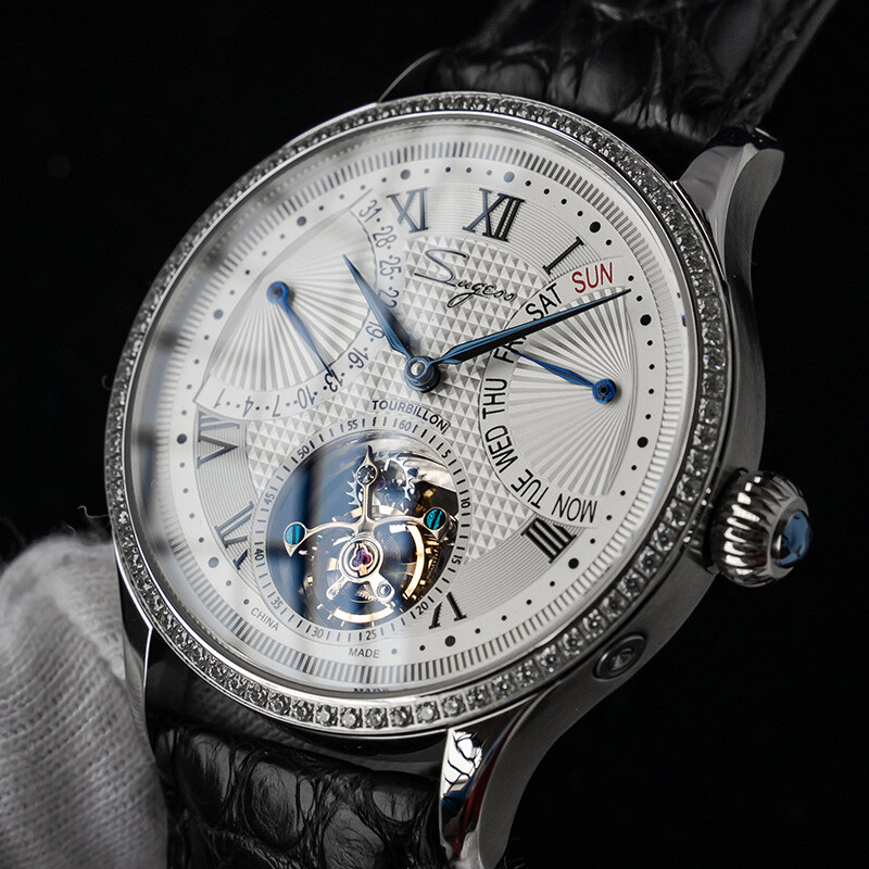 1PC Sugess Tourbillon Master Day Date Seagull ST8004 Mechanical Watch SU8004SBED